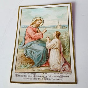 HOLY PRAYER CARD antique vintage paper ephemera collectible church gift decor Christian Catholic France Jesus Christ 1933 votre Volonte