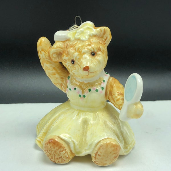 1985 Bialosky teddy bear christmas holiday ornament Annie porcelain figurine miniature statue sculpture yellow dress mirror gold tassle cub