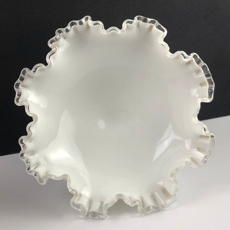VINTAGE FENTON GLASSWARE vase glass milk white opalescent sculpture wave rim ribbed bowl candy dish silver crest wave rim ruffled footed
