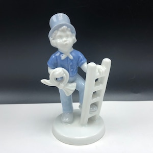 BAVARIA GEROLD PORZELLAN West Germany W pottery vintage porcelain statue sculpture figurine blue white retired limited 6818B boy ladder horn