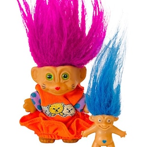 VINTAGE RUSS TROLL toy doll fuzzy hair retro collectible circus clown carnival lot purple blue miniature minicat kitten shirt