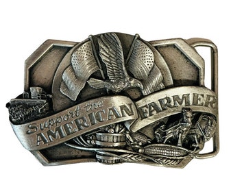 Belt Buckle vtg silver pewter brass Bergamot Siskiyou Support American FARMER us