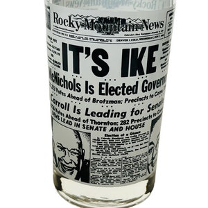 Tazza di vetro da bere Rocky Mountain News Giornale Ike Dwight Eisenhower 100° anniversario