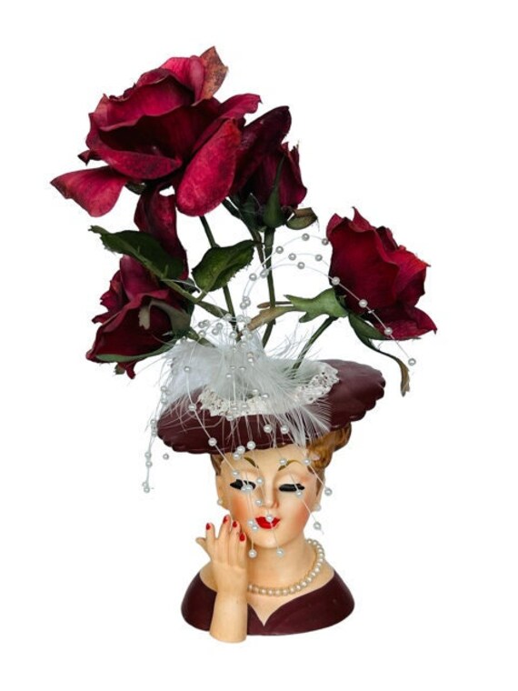 Napco 1958 Flower Planter Figurine Lady Head Vase Maroon Roses Etsy