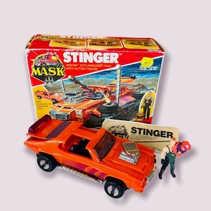 Máscara Stinger Bruno Sheppard GTO M.A.S.K. coche Vtg figura de acción juguete 1986 mowhawk caja de tanque blindado inserto de cartón BMC1