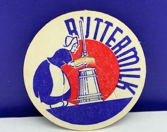 MILK BOTTLE CAP vintage dairy pasteurized farm advertising vtg cow pog 1930 ephemera paper Buttermilk maiden churn maid graphics red blue Us