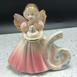 JOSEF ORIGINALS FIGURINE vintage porcelain statue sculpture applause birthday angel through the years 6 cake pink dress candles six baby