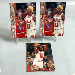 May include: Three basketball trading cards featuring Dennis Rodman in a white Chicago Bulls jersey with the number 91. Two vertical cards display the text "DAN WAYNE PATRICK" and one horizontal Fleer card shows Rodman with a basketball.