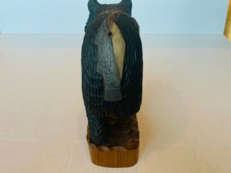 Phil Craft Teakwood Wood Carved Sculpture Bear Teak Wood anthropomorphic Fishing figurine Kodiak brown black