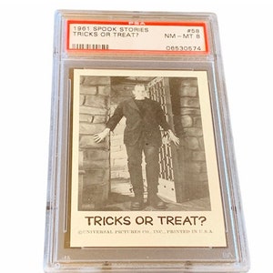 Cartes à collectionner Universal Monsters horreur vintage 1961 Leaf Spook Stories gradué PSA 8 vtg #58 Frankenstein Tricks or Treat