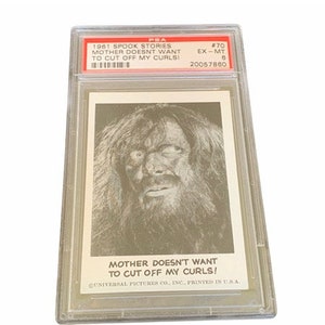 Horror Universal Monsters Trading Card Vintage 1961 Leaf Spook Stories Beoordeeld PSA 6 vtg #70 Moeder Afgesneden mijn Krullen weerwolf wolfman holbewoner