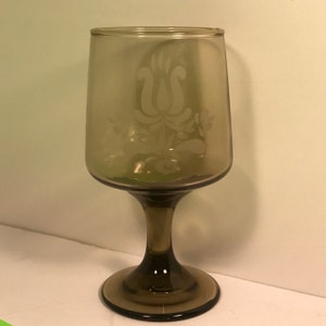 ANTIQUE TIARA GLASSWARE wineglass whickey glass Amber tinted color rose logo crest mark vintage bowl dark stem image 1