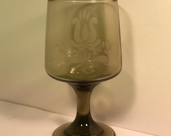 ANTIQUE TIARA GLASSWARE wineglass whickey glass Amber tinted color rose logo crest mark vintage bowl dark stem