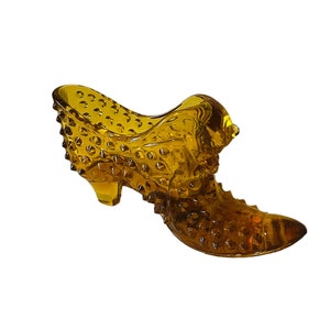 Fenton Art Glass Shoe Figurine Secret Slipper Boot cat Amber Hobnail bronze gold