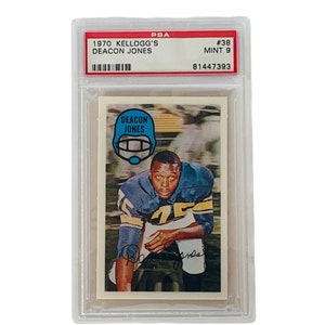 Deacon Jones 1970 Kelloggs #38 Los Angeles Rams Jersey Graded PSA 9 Mint HOF hall of fame non auto rookie rc Very Low Population pop RARE
