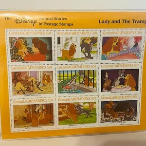 Lot de timbres-poste de collection Walt Disney Histoires d'animaux Lady Tramp Grenade vtg