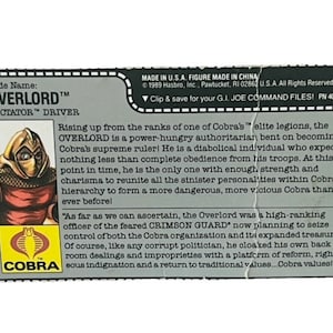 Gi Joe Cobra actiefiguur militair Hasbro FILE CARD ONLY Overlord Dictator 1990