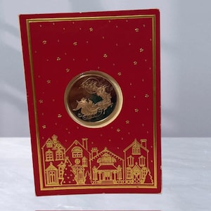 Franklin Mint Gold Münze Weihnachtskarte Urlaub Vtg Vtg 1970er Jahre Weihnachtsmann Rentier
