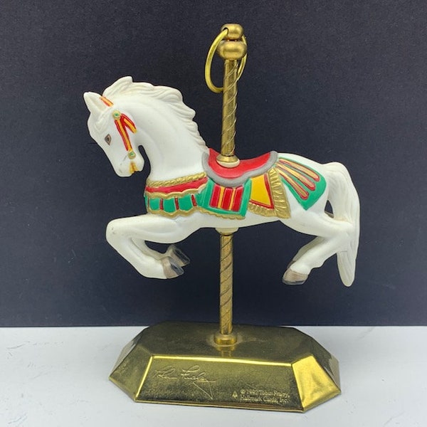 CAROUSEL HORSE FIGURINE vintage porcelain statue sculpture gold pole Tobin Fraley 1992 Hallmark white stallion solid gold base christmas bow