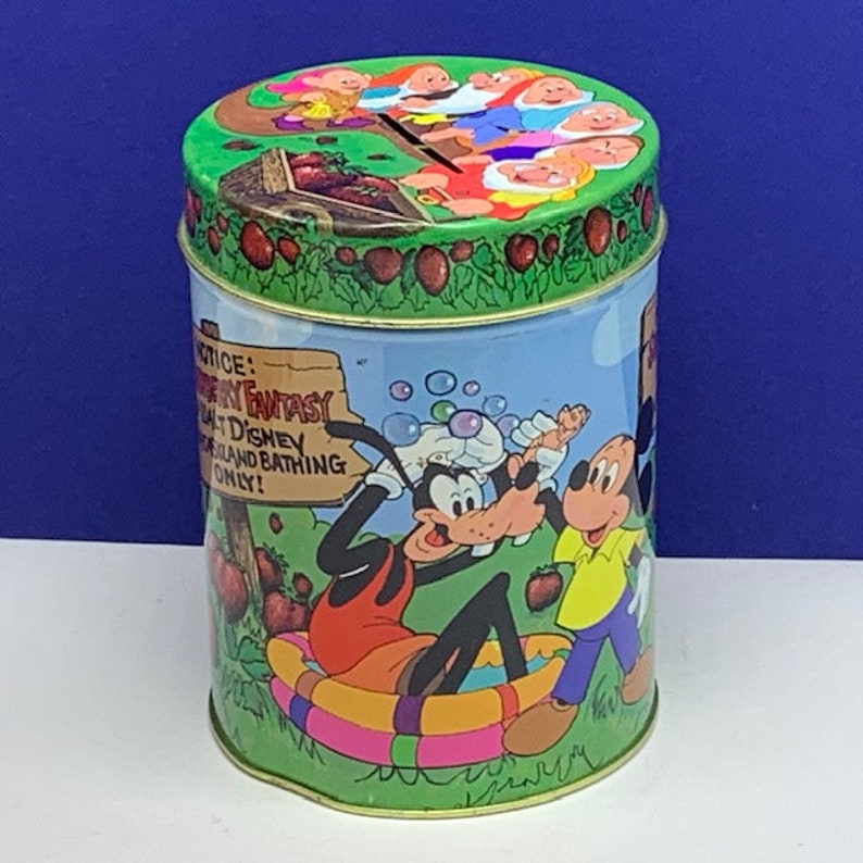 WALT DISNEY TIN bank strawberry soap advertising fantasyland Ben Rickert vintage vtg snow white seven dwarfs goofy donald duck mickey minnie