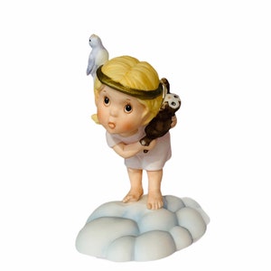FRANKLIN MINT PORCELAIN Almost angels 1987 vintage retired figurine sculpture miniature statue Lift up mine eyes bird cat kitten halo