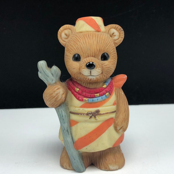 HOMCO TEDDY BEAR 1980s vintage porcelain ceramic figurine statue sculpture collectible retired knick knack miniature cub india walking stick