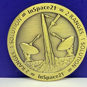 INSPACE21 CHALLENGE COIN vintage in space 21 Honeywell nasa 2 ranges 1 solution astronaut rocket ship shuttle bronze satellite moon usa vtg