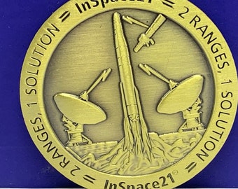 INSPACE21 CHALLENGE COIN vintage in space 21 Honeywell nasa 2 ranges 1 solution astronaut rocket ship shuttle bronze satellite moon usa vtg