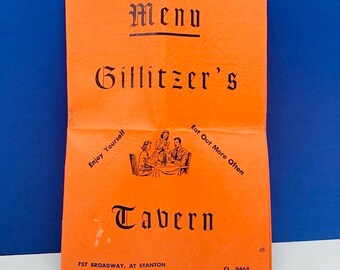 RESTAURANT MENU VINTAGE paper ephemera collectible vtg mcm Gillitzers Tavern bar orange Broadway Stanton