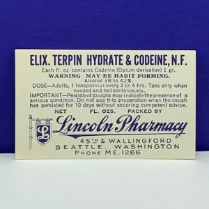 VINTAGE DRUG STORE label vintage 1930s ephemera paper pharmacy prescription advertising Lincoln seattle washington wa terpin codeine