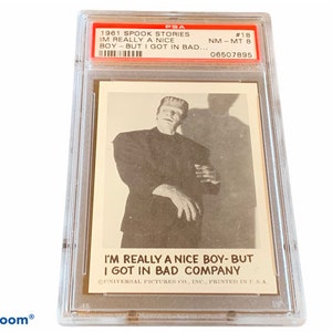Horror Universal Monsters Trading Card Vintage 1961 Leaf Spook Stories Graded PSA 8 vtg #18 Frankenstein Boris Karloff bad company