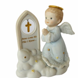 ENESCO ANGEL FIGURINE 1997 Heavenly Kingdom Jesus Loves me this I know gold cross porcelain sculpture gift decor halo clouds vintage vtg