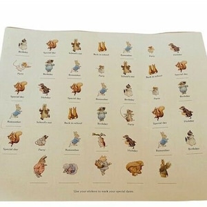 May include: A sheet of stickers featuring various woodland creatures, including squirrels and rabbits, with labels like "Birthday" and "School's out." The stickers are in a vintage style, with a cream-colored background and watercolor illustrations.