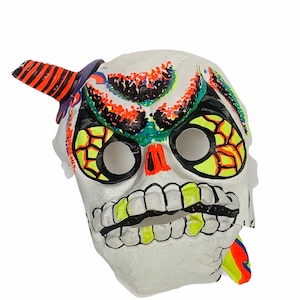Halloween Costume Mask Vtg decoration RARE Ben Cooper plastic skeleton knife through head skull neon AL1