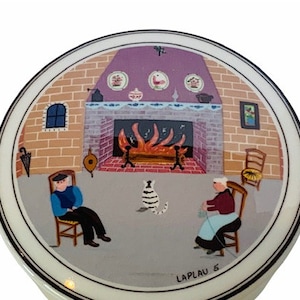 Villeroy Boch vintage Luxembourg porcelain figurine signed Laplau trinket jewelry box Vitro Christmas holiday fireplace fire place