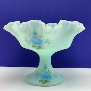 FENTON GLASS BOWL vintage 1960s to 1970s glassware vtg mcm original collectible Depression milk blue ridge crest signed flower floral