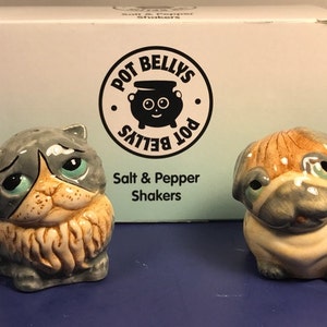 HARMONY KINGDOM FIGURINES vintage Cat dog salt pepper shakers pair Pot Bellys Bellies kitty kitten puppy porcelain miniature pet England box