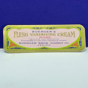 PERFUME ADVERTISNG LABEL 1920s antique paper ephemera vtg make up women art deco Bueroma Buerger Denver Colorado Co flesh vanishing cream us