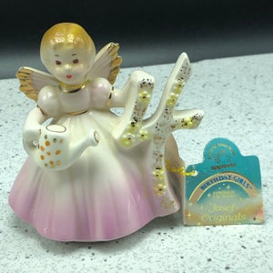 JOSEF ORIGINALS FIGURINE vintage porcelain statue sculpture applause birthday angel through the years 4 four watering can flowers pink gold