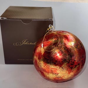 Vintage John Toole Glass Ball Christmas Ornament Goofus Red Gold Box RARE Large