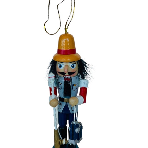Christmas Ornament Vintage holiday collectible vtg mcm Nutcracker Germany figurine fishing pole fisherman fish wood fly yellow hat