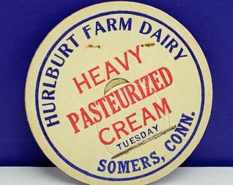 MILK BOTTLE CAP vintage dairy pasteurized farm advertising vtg cow pog 1930s ephemera paper cardboard Hurlburt somers connecticut Ct tuesday