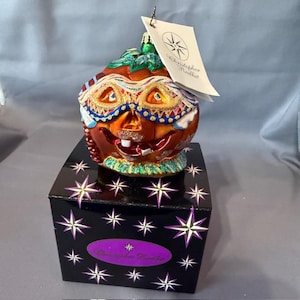 Christopher Radko Christmas Ornament Glass Tag Pumpkin Halloween Jackerade Mardi