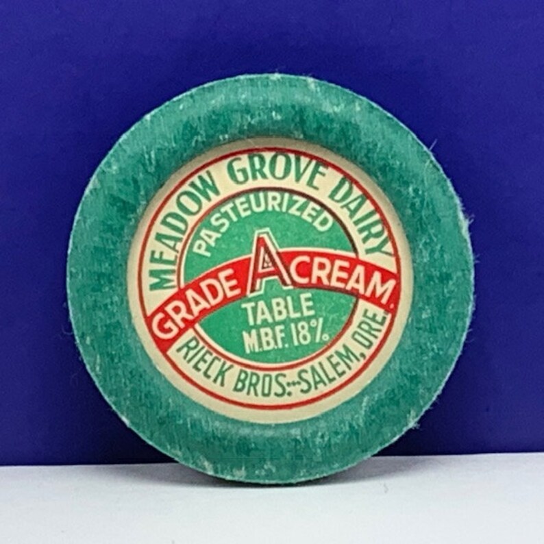 MILK BOTTLE CAP vintage dairy pasteurized farm advertising vtg cow pog 1930 ephemera paper label lid Meadow Grove Salem Oregon cream rieck