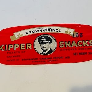 Kipper Snacks Herrings Norwegian Stavanger Crown Prince original paper ephemera collectible label advertising vintage antique scrapbooking