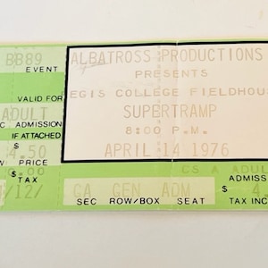 Supertramp Rock Konzert Ticket Stub Pop Memorabilia Musik Heavy Metal Ephemera Sammlerstück vintage 1976 Regis College Fieldhouse Albatross