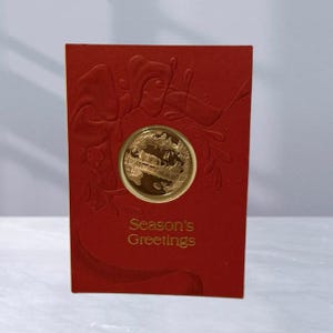 Franklin Mint Gold Coin Christmas Card Holiday Vtg 1970s Seasons Greetings Magic