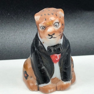 1985 FRANKLIN MINT THIMBLE colección alfabeto animal amigos de la escultura de la estatuilla en miniatura del bosque Carta J Jaguar gato manchado esmoquin