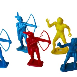 MPC blue red yellow native revolutionary war civil patriots lot vtg western toys 1960s marx toy soldiers army men bow arrow spear