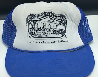 SNAPBACK STRAPBACK TRUCKER style baseball hat cap vintage retro rare collectible 1888 Calhan Colorado Cadillac lake city Railway blue white